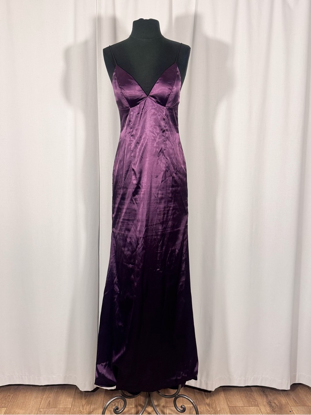 Stacees Plum Satin Open Back Evening Gown